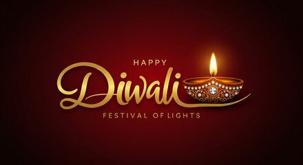 Elegant golden diwali greeting with ornate diya and festive lights
