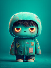 Cute 3D cartoon character with a grumpy expression and glowing eyes, wearing a worn-out hoodie.
