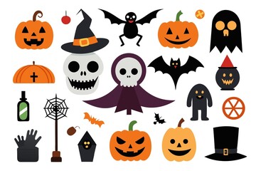 Cheerful Halloween Cartoon Icons: Pumpkins, Ghosts, Bats, and More; Flat Design Style