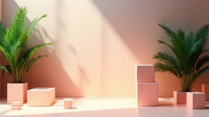 Minimalist pink podiums for product display with palm plants and soft natural shadows