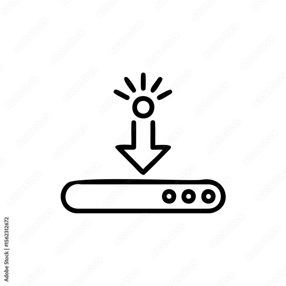 Poster Line art a light source with rays above an arrow pointing down to a device vector