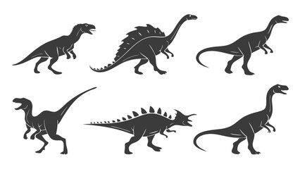 Collection of Dinosaur Silhouettes in Dynamic Natural Poses – Prehistoric Reptile Vector Set Isolated on Clean White Background