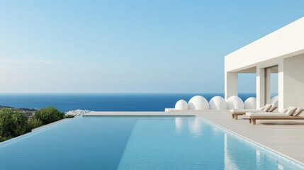 Fototapeta premium Infinity Pool at Modern White Villa with Ocean View, Santorini style , luxury travel