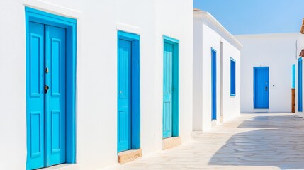 Island Doors Turquoise Doors on White Walls in Greece, Aegean , Mykonos