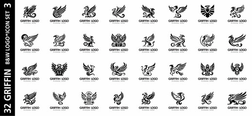 Set of 32 black and white griffin logos in unique vector style. Perfect for fantasy branding, heraldic emblems, and creative design projects.