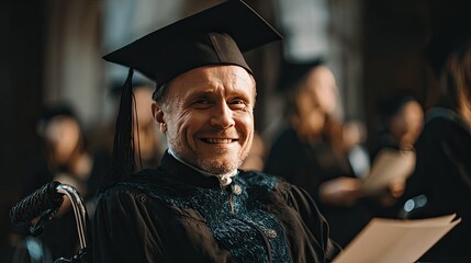 Obraz premium A photorealistic portrait of a proud European man in a wheelchair graduating from a university ceremony, wearing a cap and gown and smiling as he holds his diploma