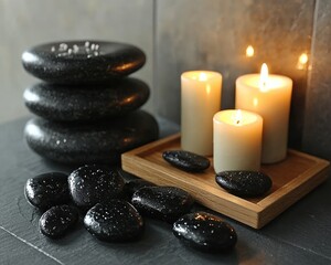 Spa stones and candles on a dark surface
