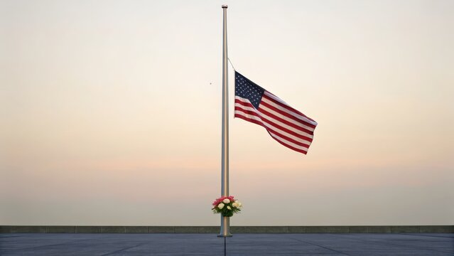 Flag at half-mast with a floral tribute against a soft sunset. independence day concept