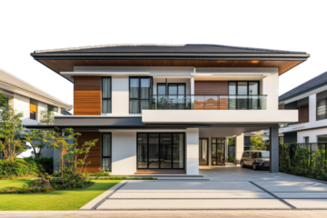 Modern, two-story home with a covered carport