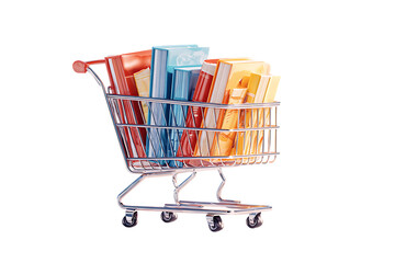 Books in a shopping cart, online bookstore concept.