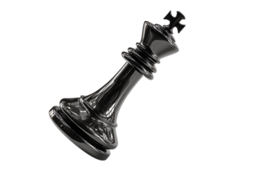 Fallen black chess king piece on black background.