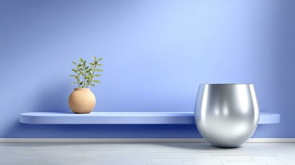 Minimalist Still Life: A serene composition features a delicate vase with small plant alongside a sleek, silver orb, against a soft blue backdrop, evoking a sense of calm and modern elegance.