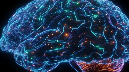 Futuristic digital brain with glowing circuits and neural connections against a dark background - Powered by Adobe