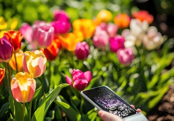 Person taking a photo of colorful tulips in a garden with a smartphone on a sunny day outdoors
