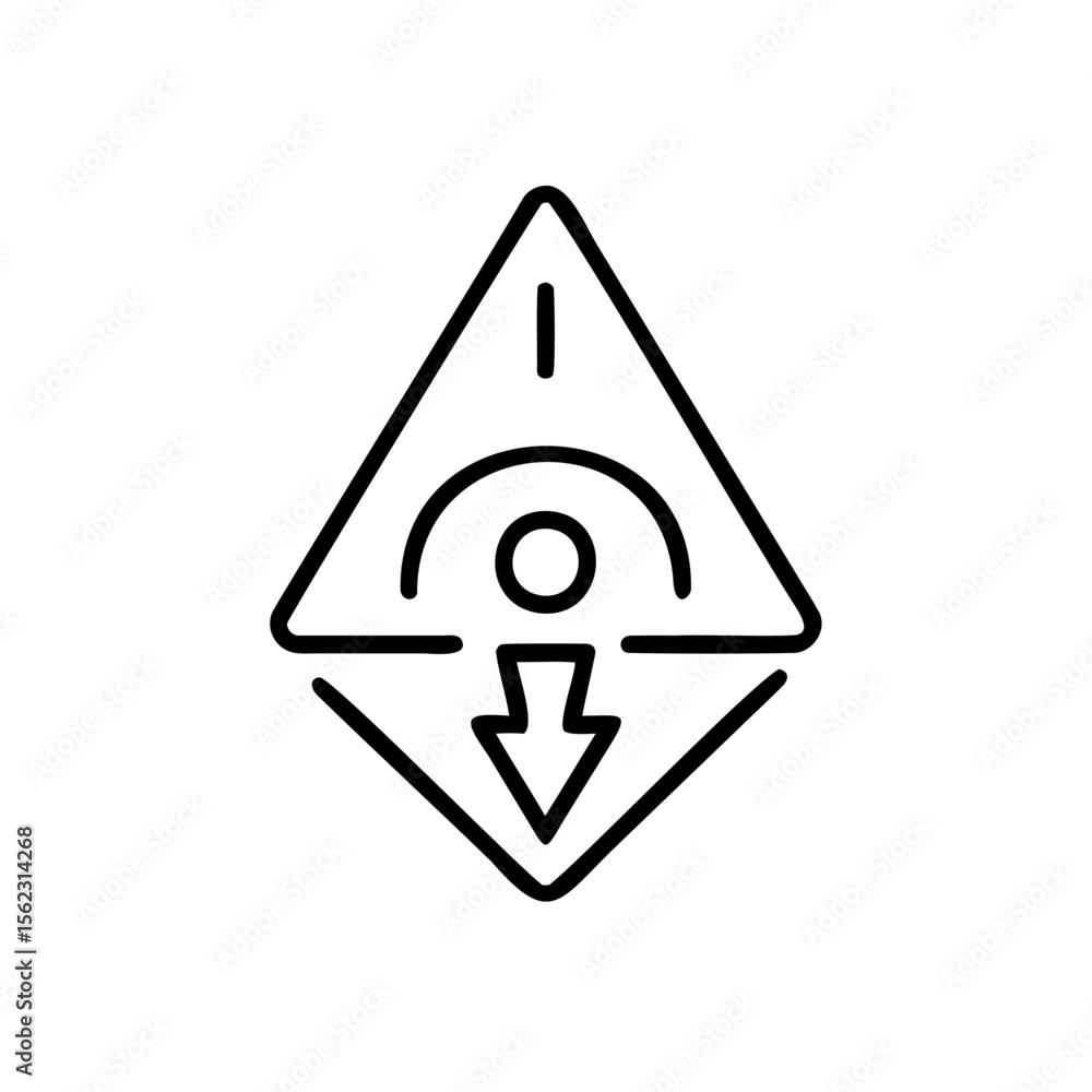 Poster handdrawn graphic an abstract symbol with a downward arrow inside a diamond shape