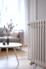 Bright modern interior features a central heating radiator, blending functionality with stylish home design. Cozy living space.