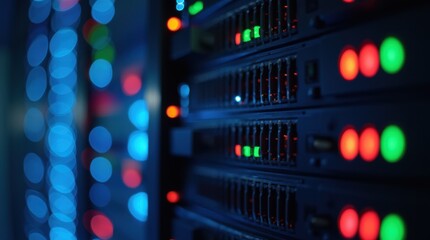 Naklejka premium A close-up of server racks in a data center with colorful blinking lights, showcasing advanced technology and network infrastructure.