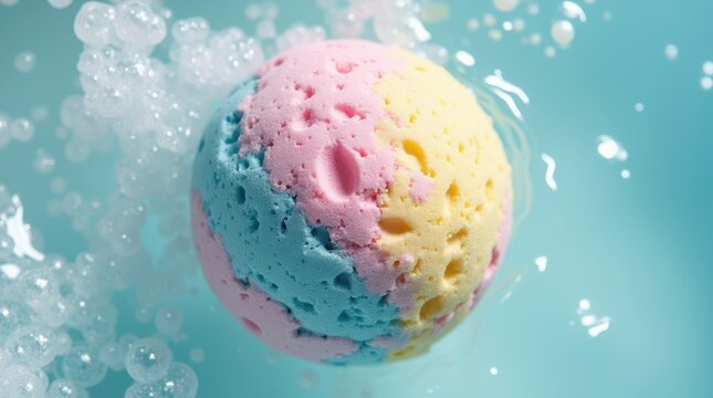 A hand holding a dissolving bath bomb under water, macro shot showing fizz and color, personal care and beauty concept.

