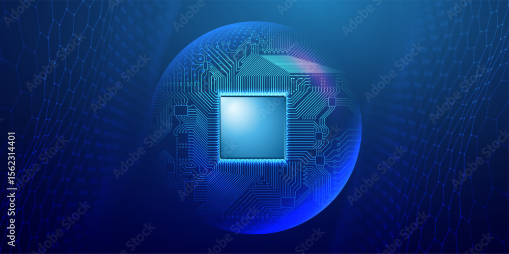 Fototapete ai semiconductor circuit with tech background and abstract chip design in blue. digital board with d