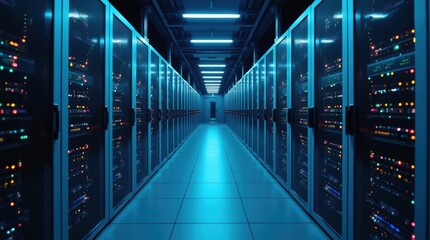 A long corridor in a modern data center lined with server racks, blinking LED lights, and futuristic ambiance, horizontal composition.

