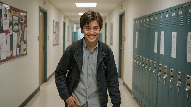 Boy with Backpack in School Corridor with Lockers

