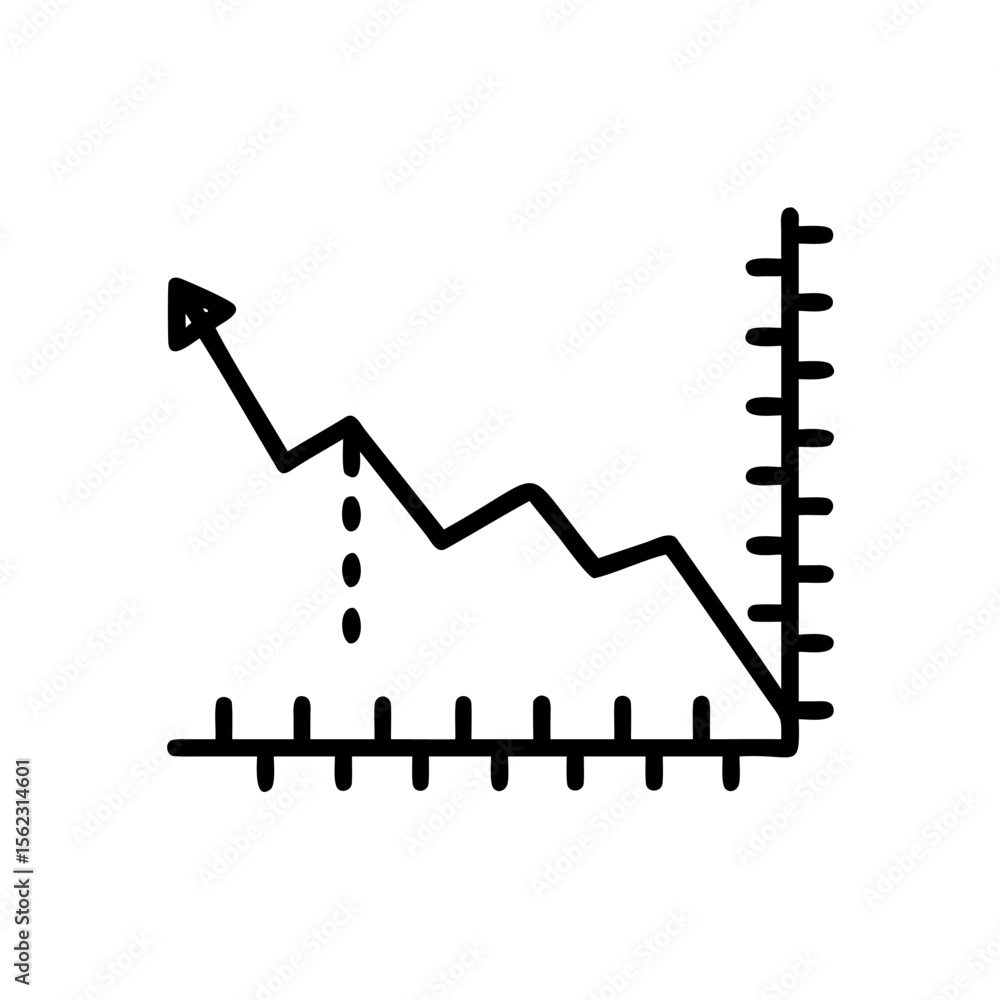 Poster handdrawn line graph showing downward trend with arrow dotted line on chart business