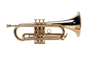 Obraz premium Close up of a golden trumpet against a black background.