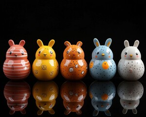 Row of colorful ceramic rabbit figurines