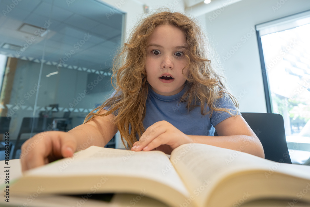 Aufkleber funny child reading book. schoolkid studying and reading. smart kid read book. little student learni
