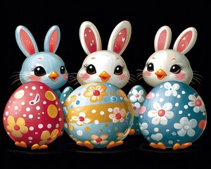 Three cute bunnies holding decorated Easter eggs
