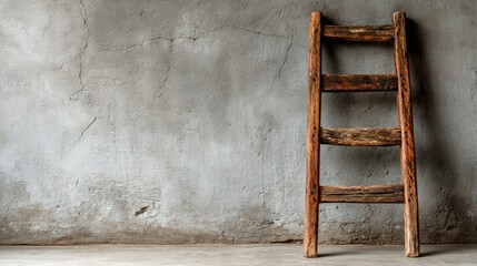 Rustic ladder against a textured, gray wall.