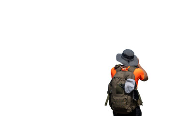 Photographer with backpack and hat taking photos while hiking, isolated on transparent background