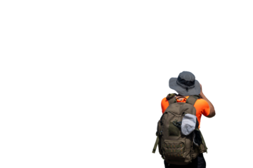 Photographer with backpack and hat taking photos while hiking, isolated on transparent background