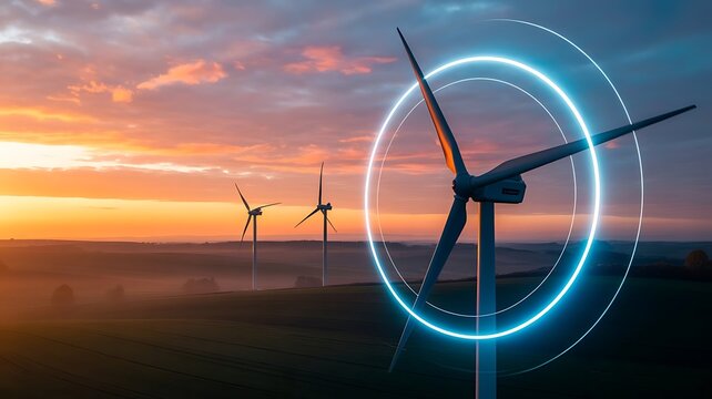 Wind turbines at sunset with glowing circles around the front turbine
