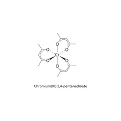 Chromium(III) 2,4-pentanedioate skeletal structure. Metal chelate compound schematic illustration. Simple diagram, chemical formula.