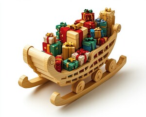 Wooden sleigh overflowing with colorful Christmas gifts