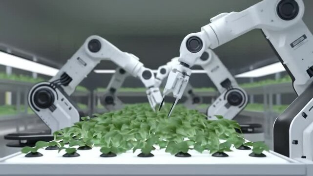 CGI animation of automated vertical farming with robotic arms tending to plants in a futuristic smart farm. High-tech hydroponic system showing the future of agritech and food production.