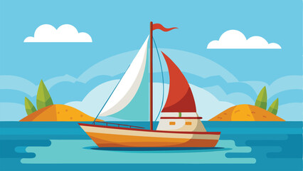 Fototapeta premium Cartoon Illustration of a Sailboat on the Water Near Islands Under a Cloudy Sky