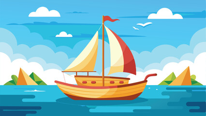 Naklejka premium Sailing Boat Vector Illustration with Island Background, Birds and Clouds Graphic Design