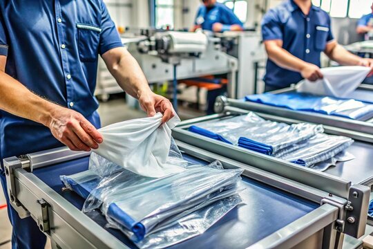 Factory Workers Packaging Sterile Medical Fabrics in Cleanroom Environment