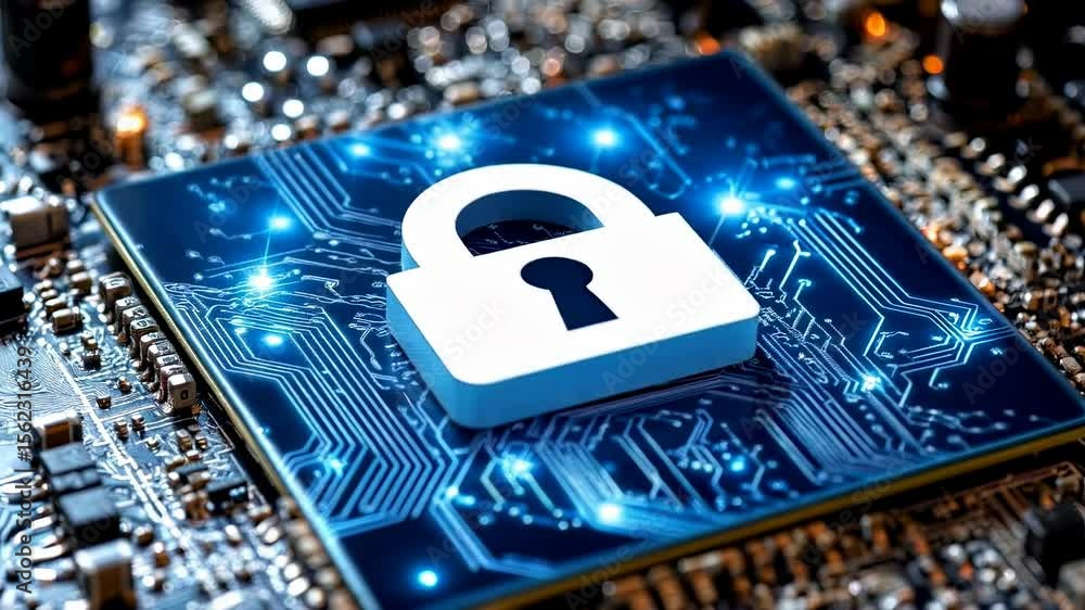 Aufkleber digital security concept with a padlock on a computer chip, highlighting data protection