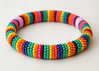 A colorful beaded bracelet with rainbow stripes is isolated on white background