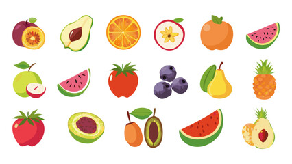 Obraz premium Fresh fruit selection displays vibrant colors including watermelon, pineapple, avocado, berries, orange and more for a healthy eating concept.