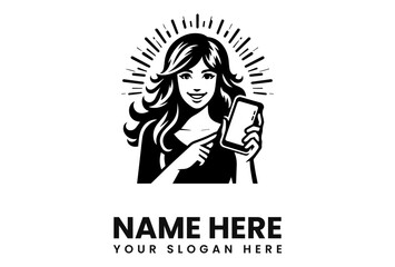 Smiling woman presenting a smartphone, radiating light, with space for branding.