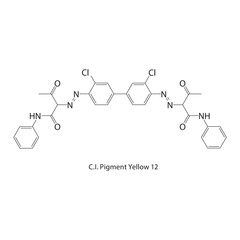 C.I. Pigment Yellow 12 skeletal structure. Synthetic pigment compound schematic illustration. Simple diagram, chemical formula.