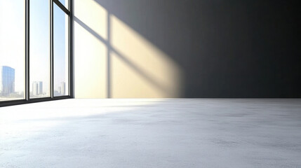 Obraz premium Modern, minimalistic interior with sunlight streaming through large glass windows, casting soft shadows on blank wall and polished concrete floor, creating serene atmosphere