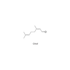 Citral skeletal structure. Terpenoid aldehyde compound schematic illustration. Simple diagram, chemical formula.