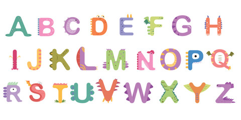 English alphabet, dinosaur fonts for children. Vector in flat style, isolated cute and funny dino features for learning and education. ABC typeset for childish typography and kids design
