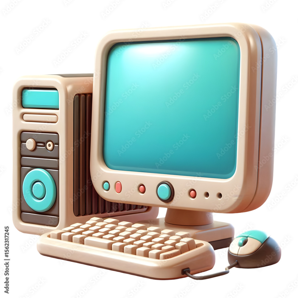 Poster retro computer with monitor keyboard and mouse isolated on transparent background