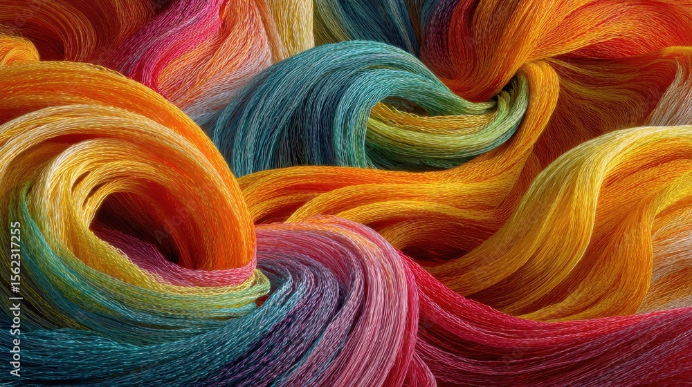Poster rainbow threads: a vibrant and abstract close-up of colorful threads, exhibiting a spectrum of hues 